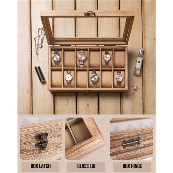 Watch Box, Watch Case for Men Women with Large Glass Lid, Wooden Watch Display - Picture 4 of 6